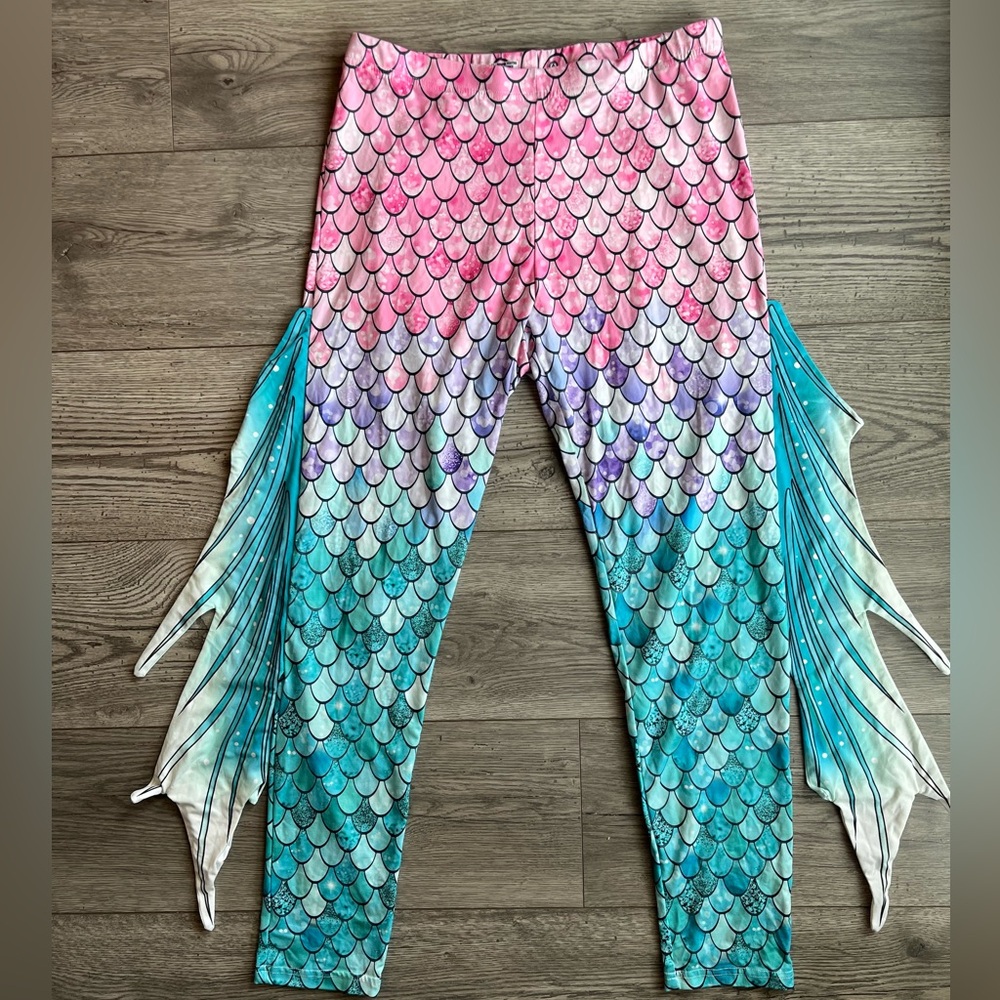 Women’s Sequins Fish Scale Leggings Mermaid Printed Pants with Tail Fins Size 6